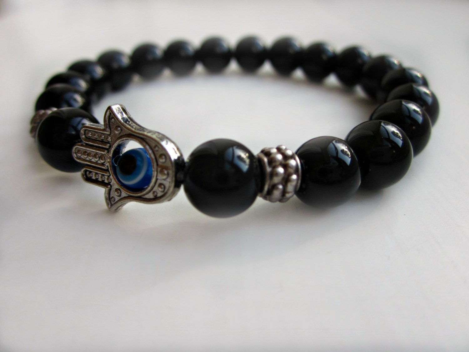 Black Onyx bracelet Evil Eye bracelet Hamsa bracelet Hand