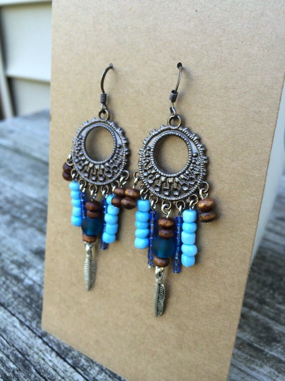 Items similar to Bohemian chandelier earrings, blue, silver, wooded ...