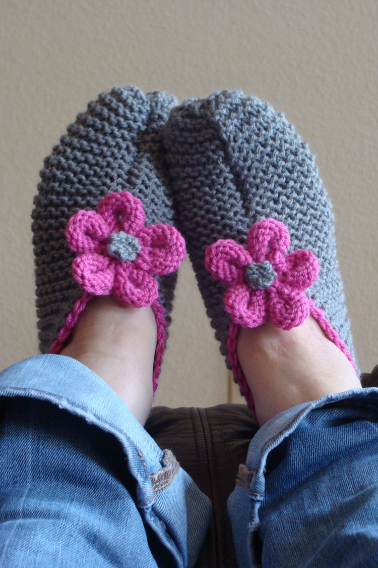 PATTERN 77: Knit Flower Slippers With embellishing by IKnit4aCure