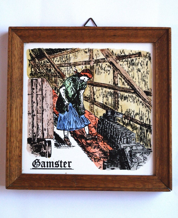 Unique Vintage Ceramic Framed Wall Hanging / framed tile art