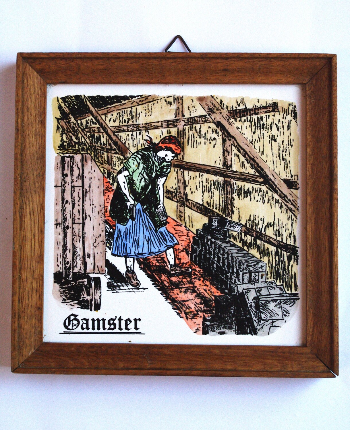 Unique Vintage Ceramic Framed Wall Hanging / framed tile art