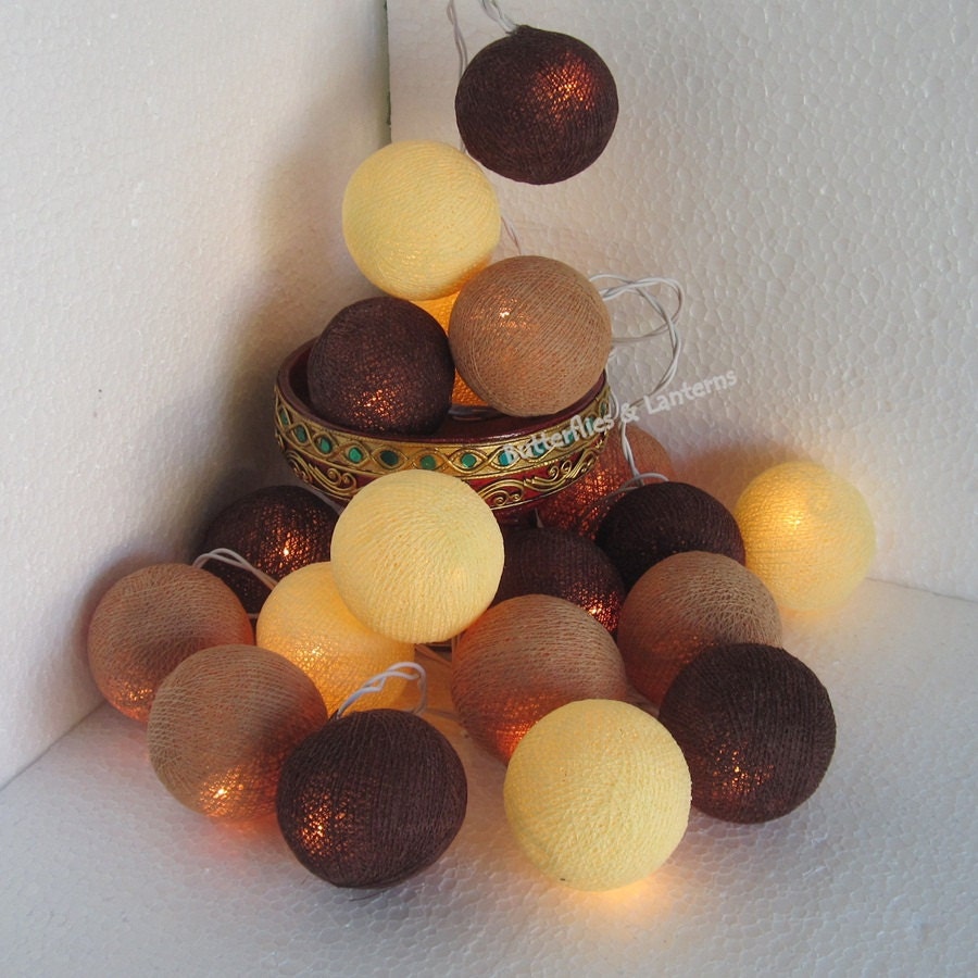 Mixed 3 Color Brown Tone (Cream, Light brown, Brown) Cotton Ball Fairy String Lights Handmade item For Party lighting, decoration