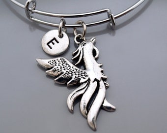 Phoenix bangle, Phoenix bracelet, Firebird, Fire bird, Phebix, Phoenix bird, Personalized bracelet, Charm bangle, Monogram, Initial bracelet