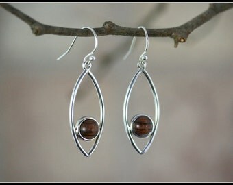 Sterling silver earrings, Leaf silver drop earrings with brown wood, silver hook earrings, Marquise earrings handmade, Wood earrings hooks