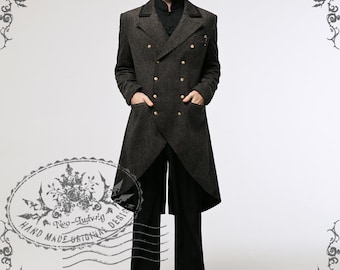 Steampunk Dandy Retro Military Inspired Double-Breasted Wool Blend Tuxedo Coat