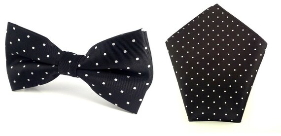 Black White Polka dot bow Tie With Pocket Square. Black