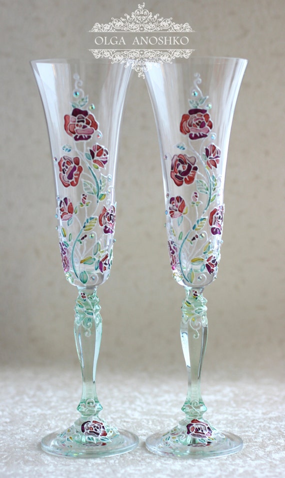 Items similar to Hand Painted Champagne Wine Glasses Flutes White Floral Design Swarovski