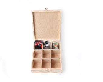 wooden tea box, unfinished 9 compartments display box, unpainted wood keepsake, Scandinavian style organizer, storage, painting, decoupage