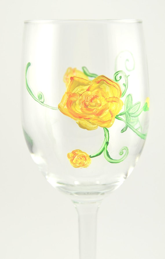 Hand Painted Yellow roses wine glass