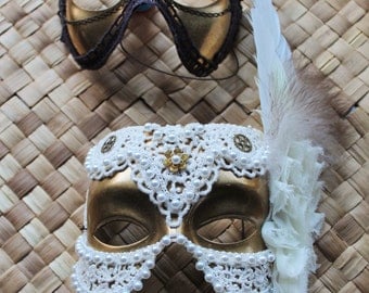 Steampunk couples wedding masks in gold, with lace, pearls, chiffon flowers and feathers