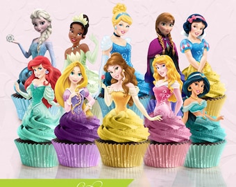 Princess Cupcake Toppers, Cinderella, Belle, Aurora, Elsa, Anna, Snow White, Jasmine, Tiana, Rapunzel, Ariel, Disney Princess Birthday Party