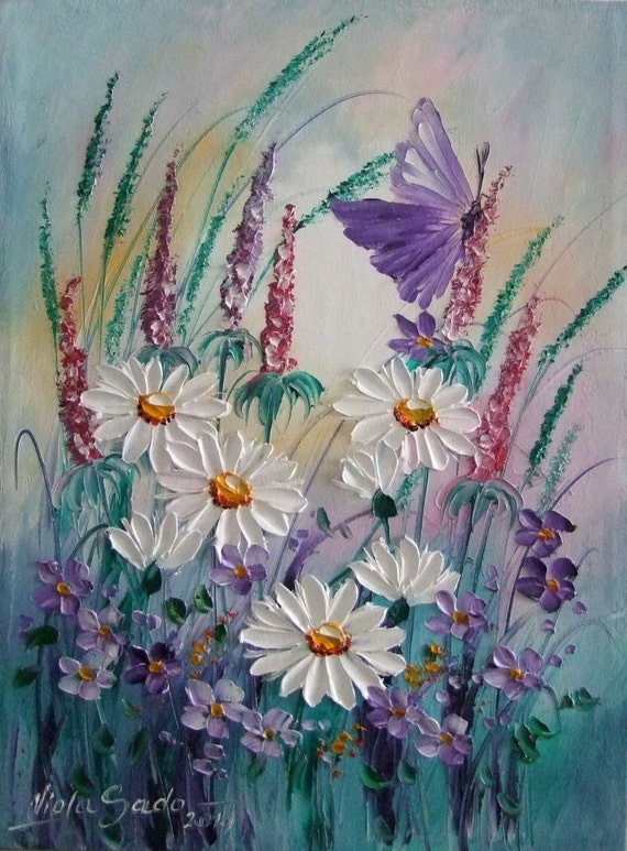 Items similar to White Daisies Purple Butterfly Meadow Original Oil