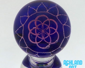 29mm Golden Magenta Seed of Life Sacred Geometry Dichroic Image Borosilicate Glass Marble with decorated back- 28 grams
