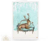Deer, Christmas card, reindeer, French sofa, snow, robin, white Christmas, blue, holiday card, glittered card, blank