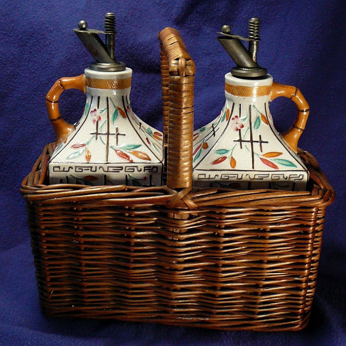 Antique BP Co Cruet Set Oil & Vinegar Asian Pattern