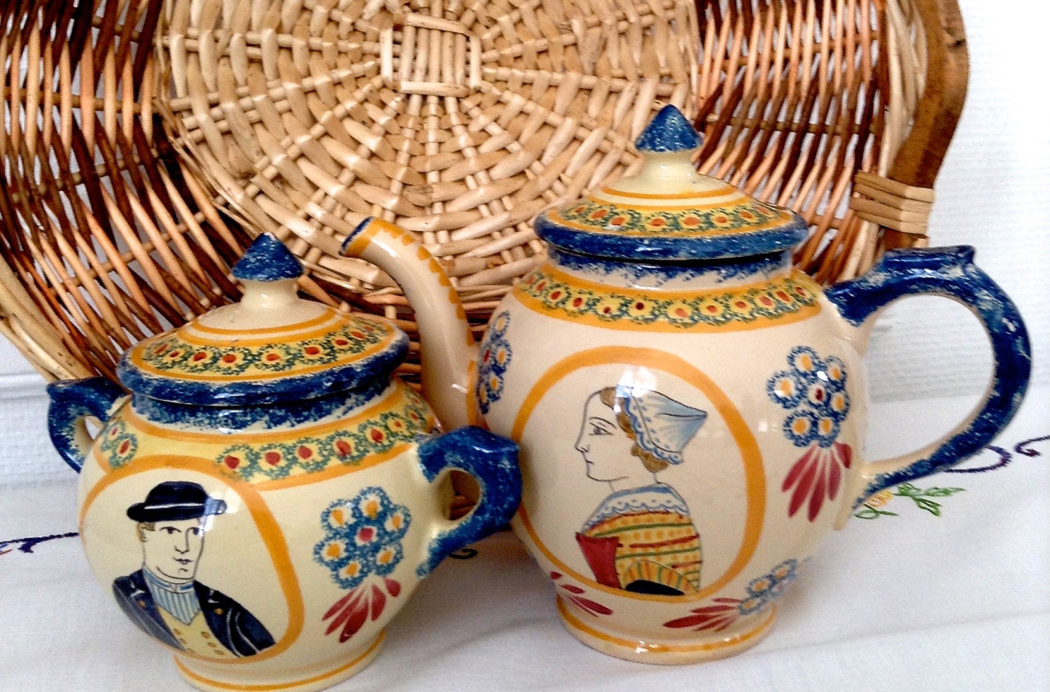 Charming Vintage French Country Teapot and Sugar Bowl St Jean