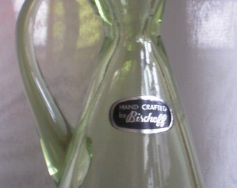 Mid Century BISCHOFF Decanter Hand Blown Art Glass Decanter with controlled bubble stopper West Virginia Olivine Ice Green GORGEOUS