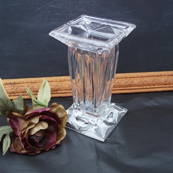 Vintage Art Glass Vase Heavy Square Flower Vase Art Deco Clear Vase Wedding Centerpiece Valentine 