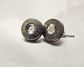 Mens Silver Cufflinks, Bullet Cufflinks Dirty Harry 44 Magnum With Clear Crystal Rhinestones Mens Accessories, Wedding Groomsmen