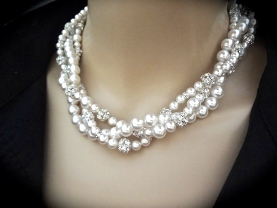 Chunky twisted pearl necklace Swarovski by QueenMeJewelryLLC