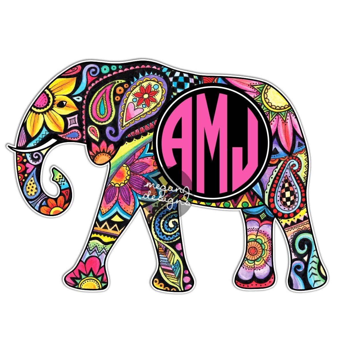 Custom Monogram Elephant Sticker Colorful Design Cute Car