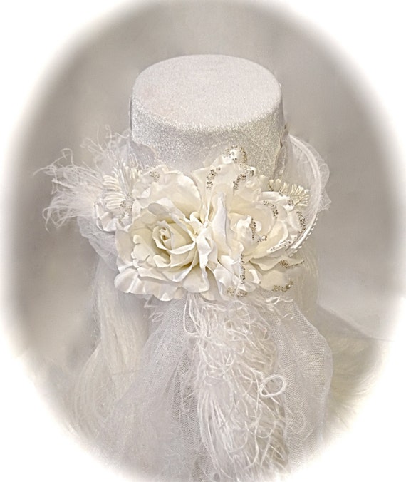 Bridal White Top Hat & Veil Victorian Lace Hat by Marcellefinery
