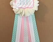 Pink Mint Baby Shower Mommy-to-be Flower Ribbon Pin Corsage Glitter Rhinestone