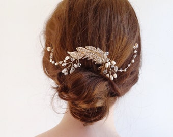 Crystal bridal headpiece, Feather Fantasy wedding hair chain, wedding hair accessories, freshwater pearls & crystals on wire Style 291