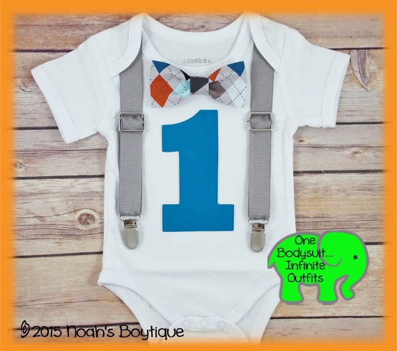 Boys First Birthday Outfit - Argyle Grey Teal Orange - Bow Tie Suspenders - 1st Birthday - First Birthday Clothing - Number One Shirt - Aqua by NoahsBoytiques