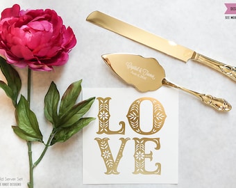 Personalized Gold Wedding Cake Knife and Server Set - (2pc) Custom Engraved Classic Gold Cake Knife and Server - Personalized Wedding Gift
