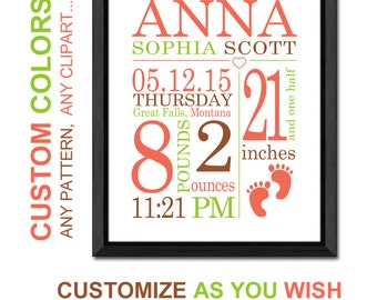 baby announcement girl, personalized birth stats, birth details print, baby stats, baby girl gift, birth date print, baby girl room