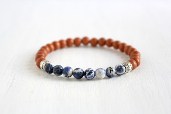 Bisuteria Bohemia Moderna Abalorios Pulsera Fina Hombre Elastica Cuentas Madera y Sodalita Azul