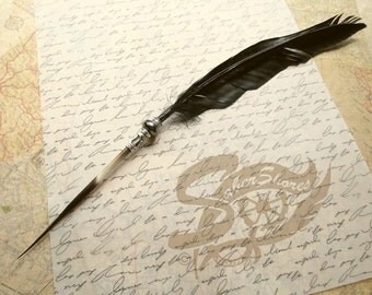 Quill Pen Raven's Wing Ink Dip Porcupine Quill Feather Pen and Hematite STEAMPUNK