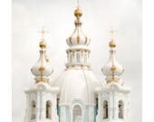 Russian Domes of Cathedral, St Petersburg architectural art print, pastel white gold large wall art poster 11x14, 20x24, 24x30 photography