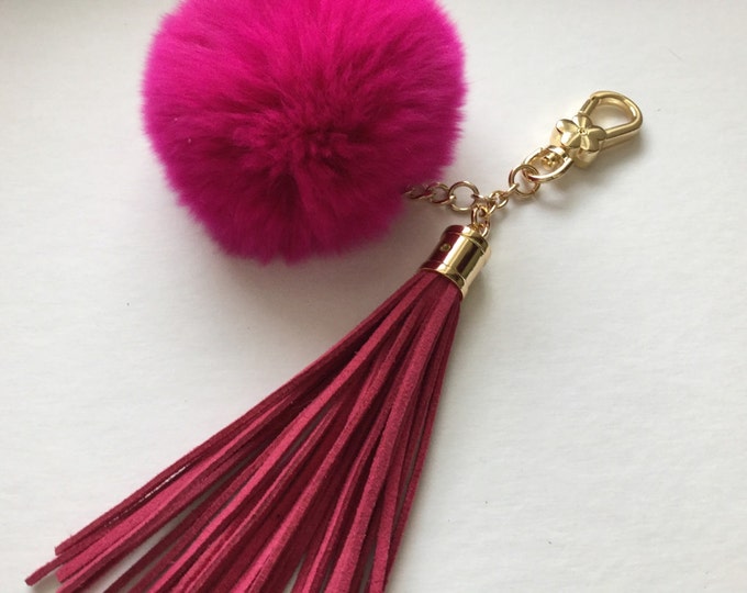 Limited Edition "fuchsia tassel" Rex Rabbit fur 9 cm pom pom keychain or bag pendant with long tassel key chain