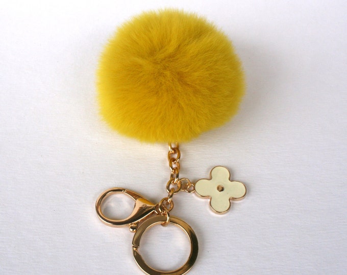 Pom-Perfect Rusty Yellow REX Rabbit fur pom pom ball with black flower keychain
