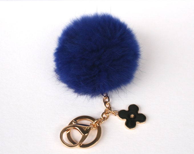 Pom-Perfect Navy Rabbit fur pom pom ball keychain or bag pendant with flower charm