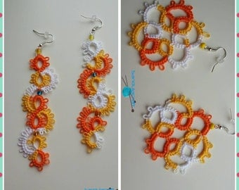 Tatted summer orange shades earrings snake or flower shape handmade tatting summer jewelry lace frivolite chiacchierino