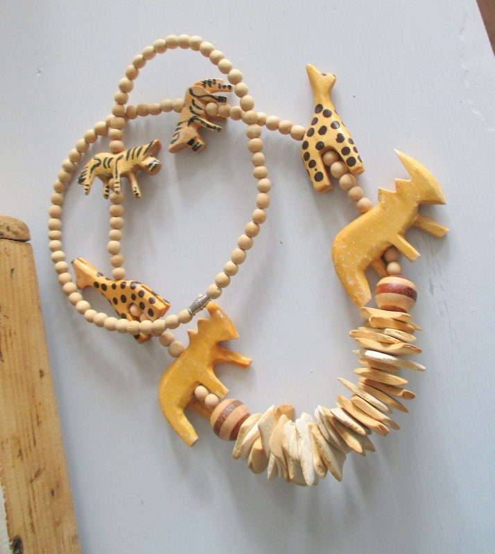 sale Carved Wood Necklace Tribal Jungle Animals Necklace