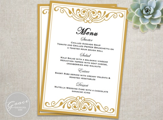 Items similar to Elegant Gold Filigree Menu Card, Printable Instant ...