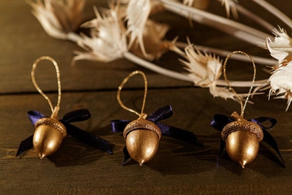 Set of 8 Gold Hand-painted Acorns Ornament with Royal Blue Ribbon, Christmas tree ornament, Home Decor, Door Decor, Gift Tag