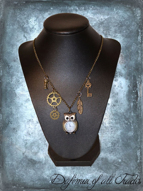 Necklace Pendant Steampunk Gears clock pocket watch owl hourglass key feather by DafimurOfAllTrades steampunk buy now online