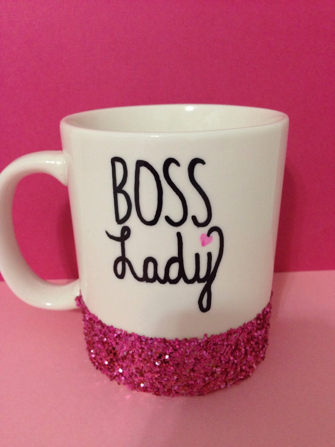 Pink glitter dipped custom coffee mug Boss by GlitterBoogieDesigns