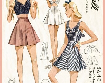 40s 1940s PICK YOUR SIZE bust 32 34 36 38 vintage women's sewing pattern crop top playsuit shorts beach romper English & French repro