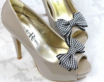 Black Gingham Shoe Bows, Black Bow Clip Shoes, Black Shoe Clips, Black Retro Rockabilly Pin Up Girl Bows for Shoes
