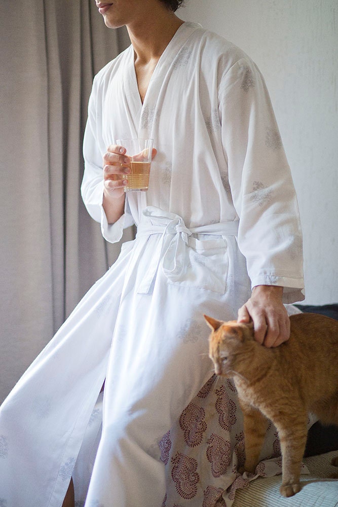 Dressing Gown for Men White Fine Black Flowers 100 by Khasto