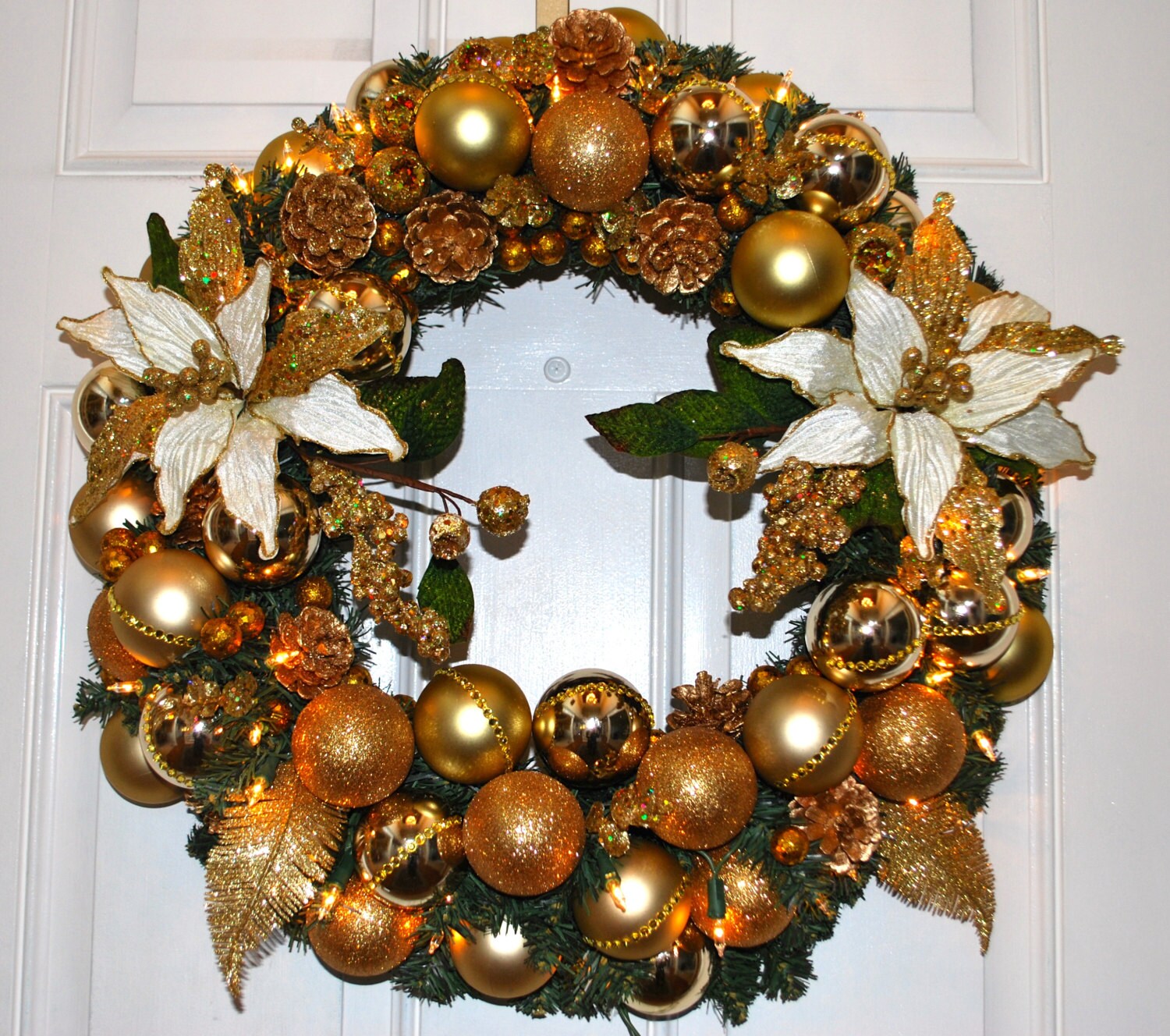 Beautiful Custon Handmade Gold and Cream with Lights Christmas Wreath - 22 inches wide.