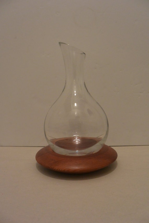 Rare and Unusual 1960's Glass decanter on wooden base by
