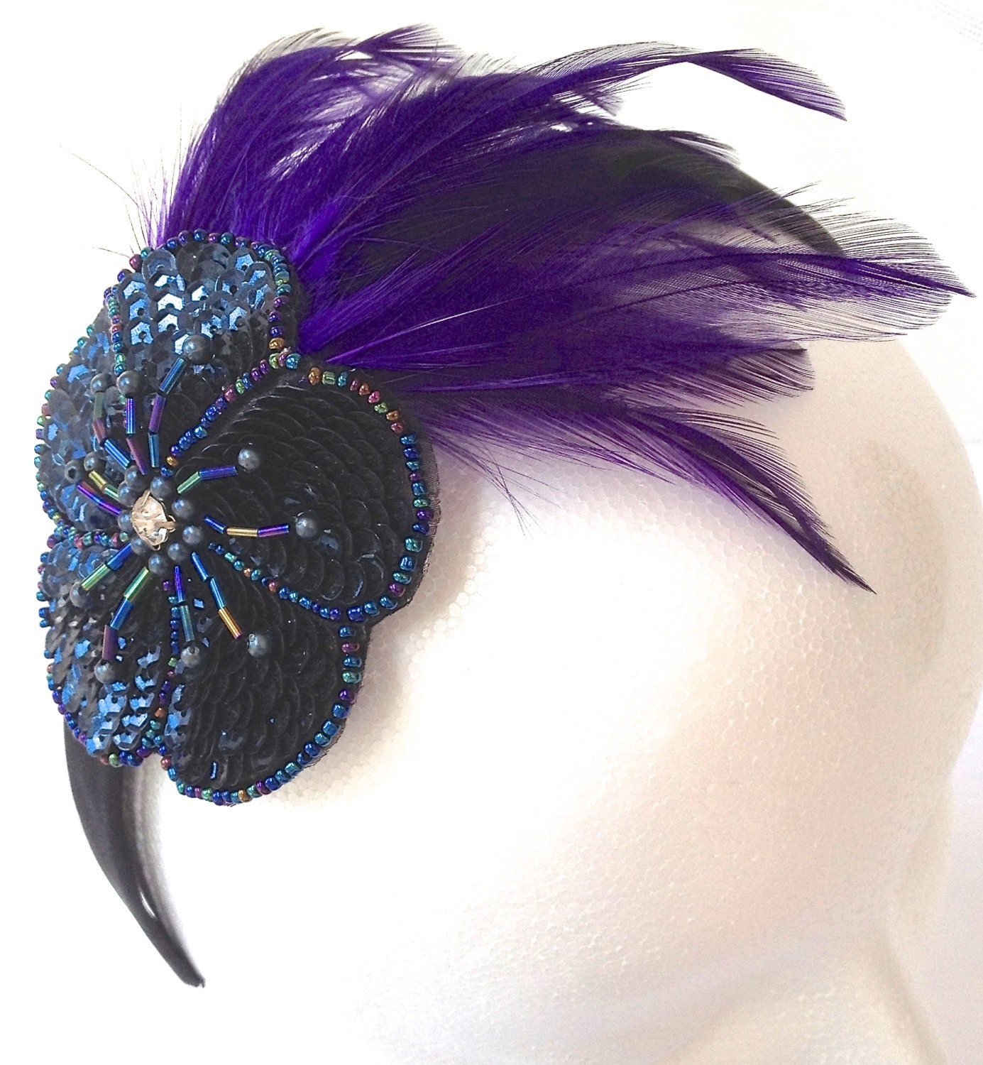 Feather Fascinator Purple Headband Sequin by PureBlissJewelry