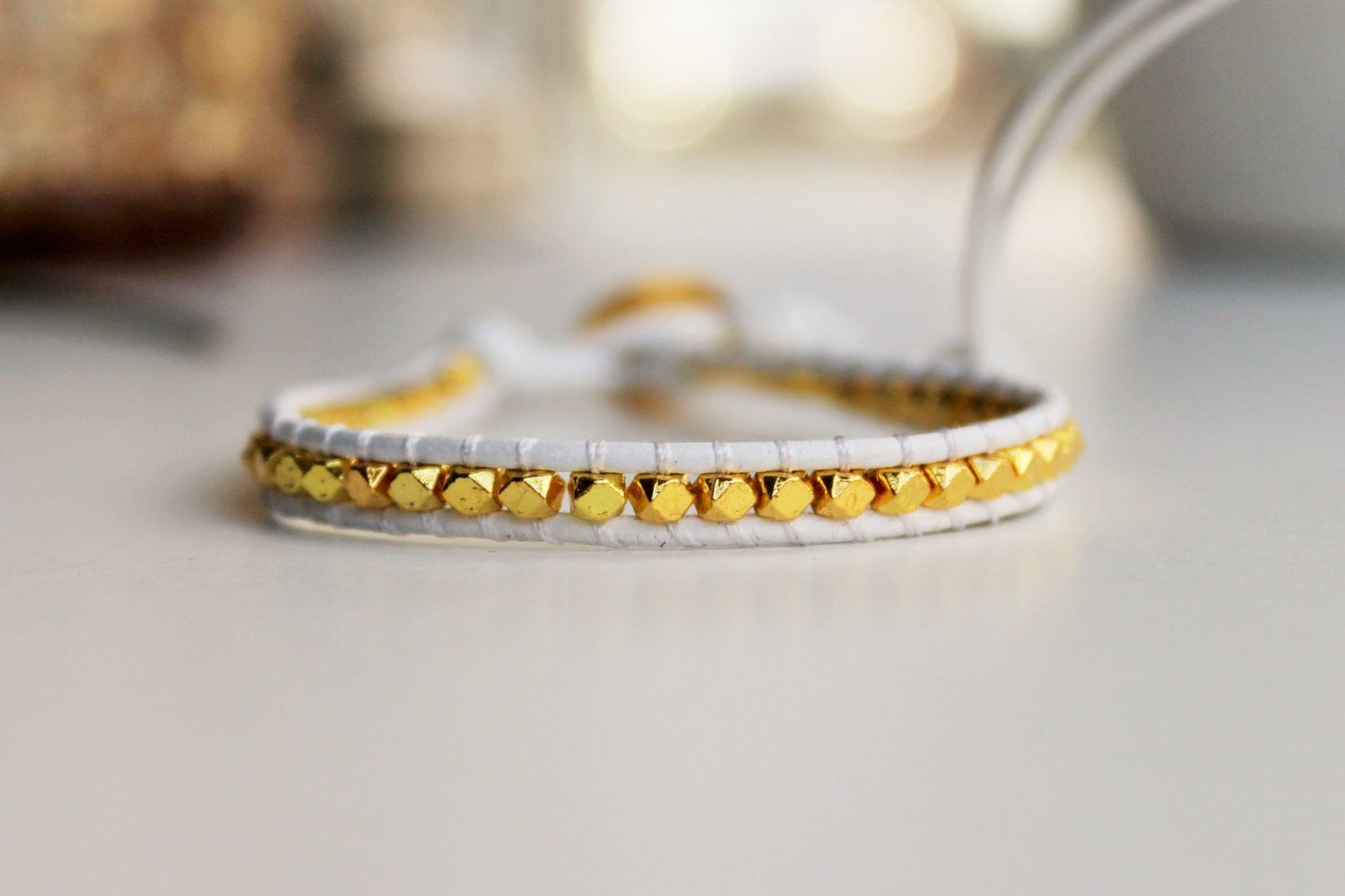 ... â€“ 14K Gold Nugget, White and Gold Bracelet, Single wrap Bracelet